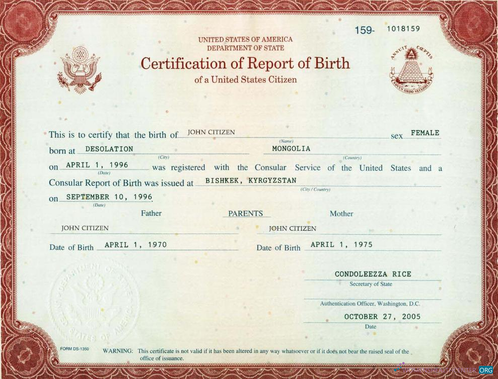 Download United States Department of State birth certificate Photoshop template